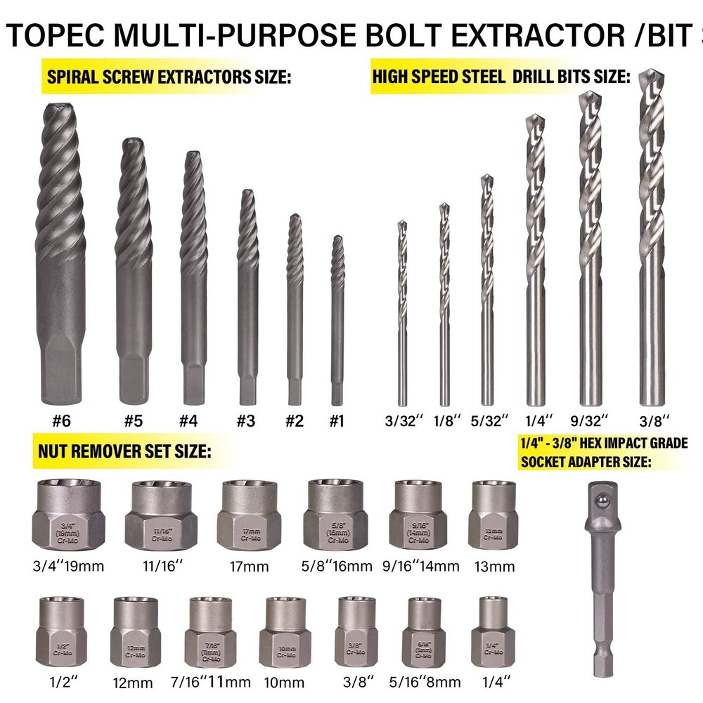 Topec 26Pcs Screw and Bolt Extractor Set, Easy Out Bolt Extractor Socket Set ...