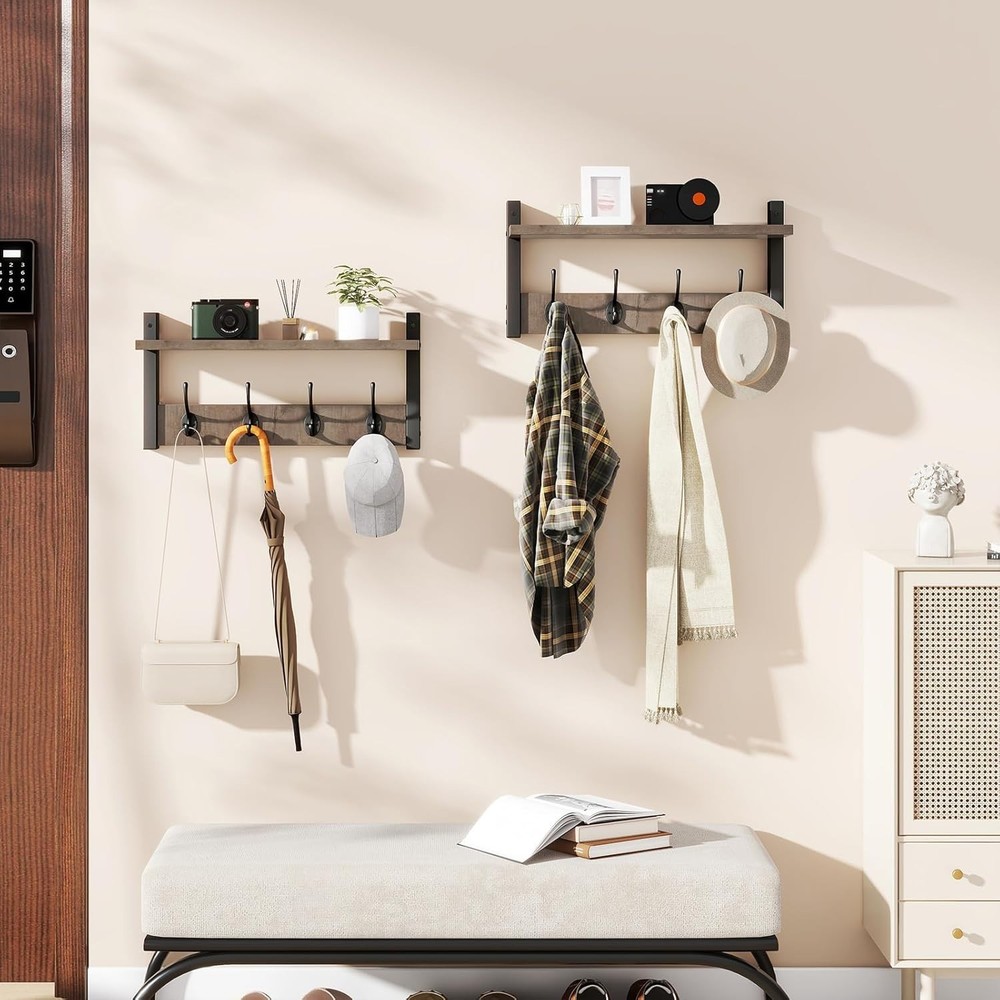 Versatile Wall Coat Hooks with Floating Shelf - 8 Hooks, 2 Pack in Silver Gray