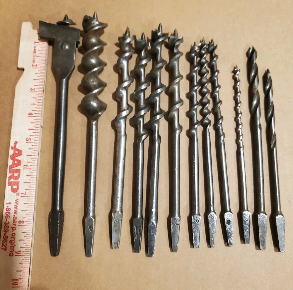 12 Vintage Bit Brace Hand Drill Bits,Auger bits,Adjustable, Old Carpenter Tools