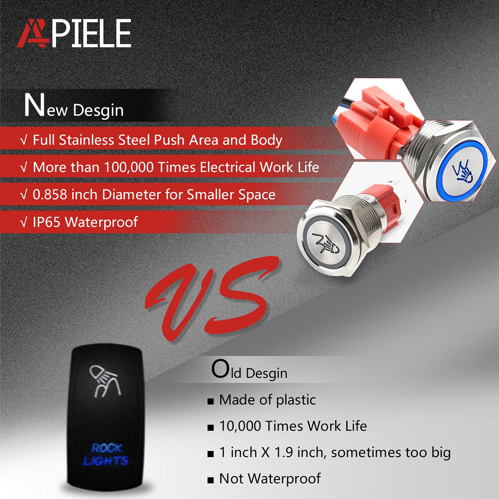 APIELE Rock Lights Switch, on off Rocker Toggle Push Button Switch SPST Stainles