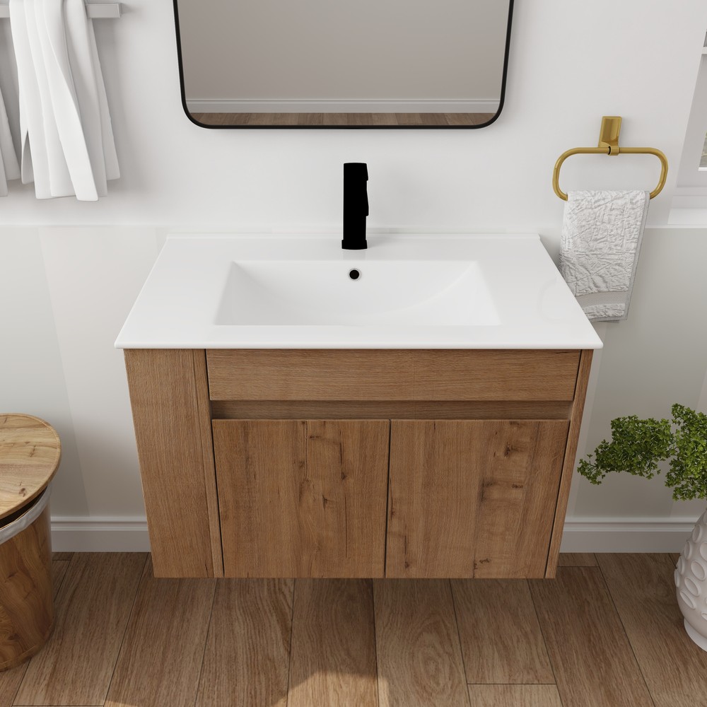 30"Floating Wall Mount Bathroom Vanity Cabinet+Basin Sink +Adjustable Open Shelf
