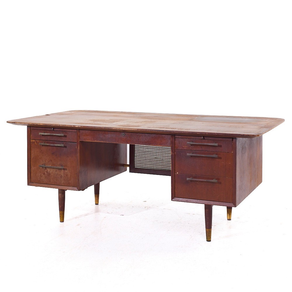 Jens Risom Style Jackson Mid Century Cane and Walnut Executive Desk
