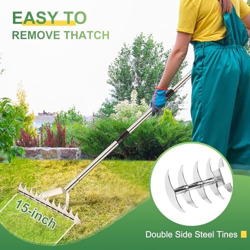 62" Thatch Rake, Adjustable Handle 15-Inch Wide Lawn Thatching Rake for