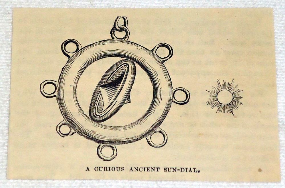 1882 small magazine engraving ~ A CURIOUS ANCIENT SUN-DIAL