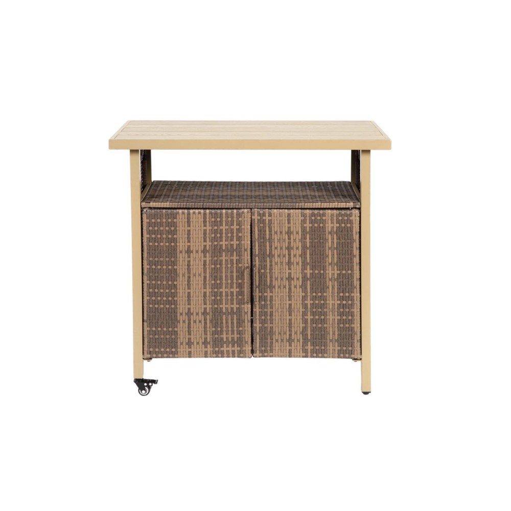 Multi-Function Wicker Bar Cart | Light Brown Rolling Rattan Table w/Wheels &