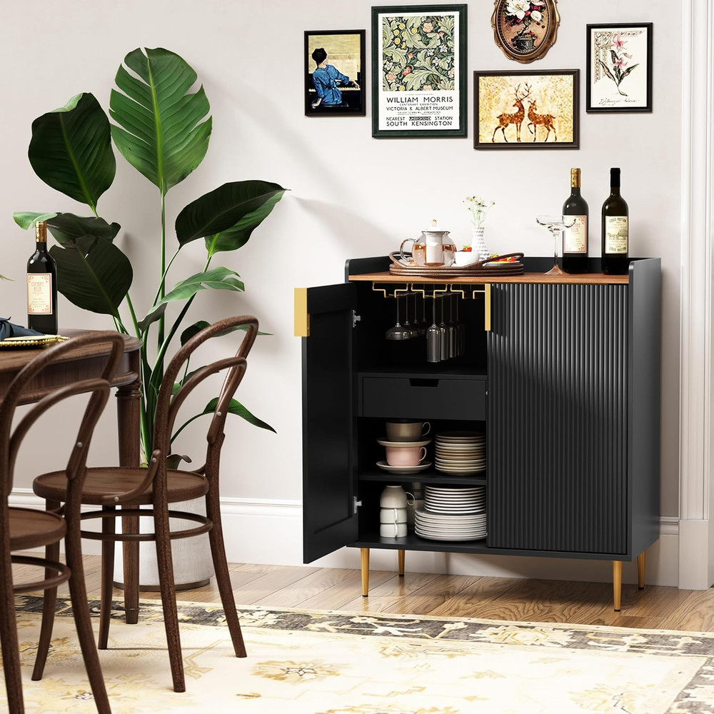 Modern Fluted Sideboard Buffet Cabinet with Wine Rack & Drawers, Black