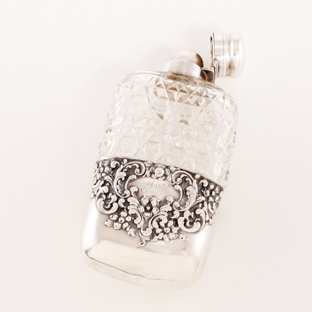 UNGER VICTORIAN STERLING SILVER FLASK W/ REMOVABLE CUP SCROLLWORK 1872-1914