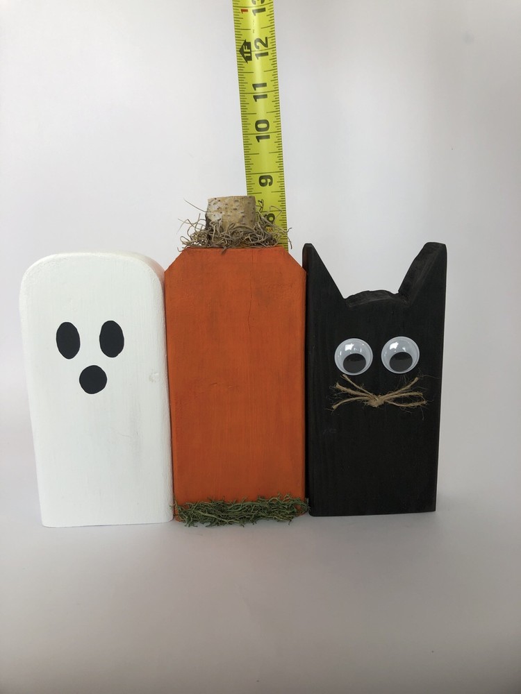 Pumpkin Ghost Black Cat Trio Halloween Decor Hand Painted