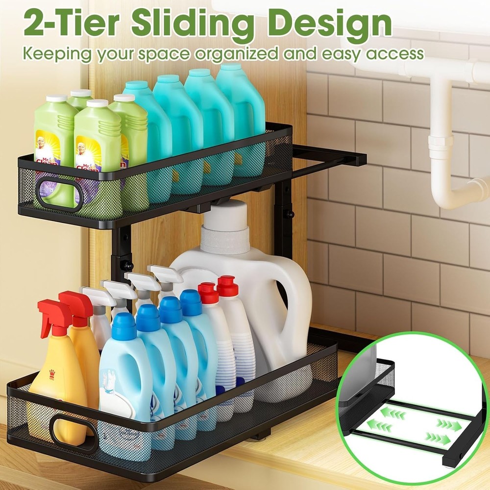 Rust-Resistant Under Sink Storage Racks: Metal 2-Tier Pull-Out Shelves - 2-Pack
