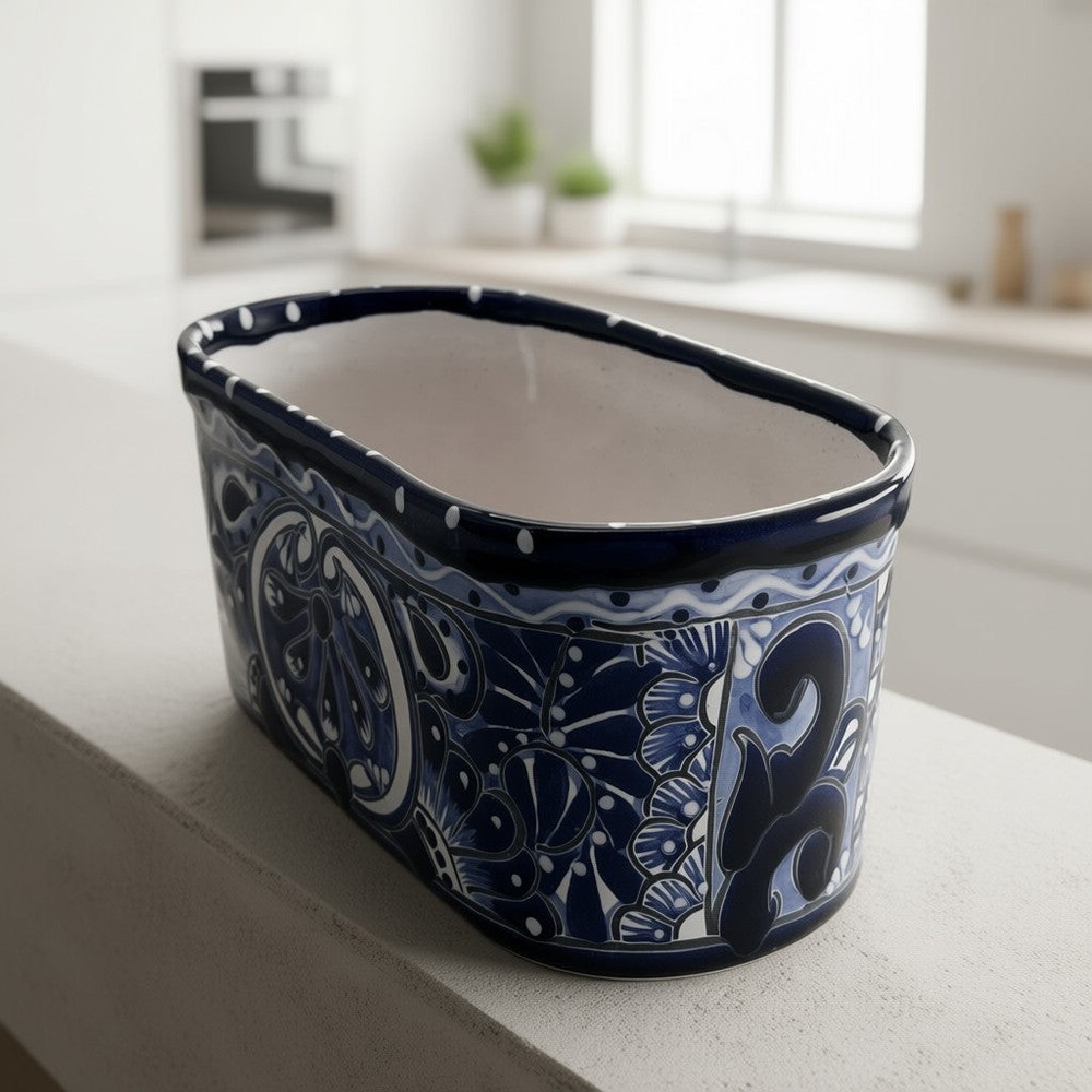 Blue & White Oval Talavera Planter | Mexican Ceramic Accent