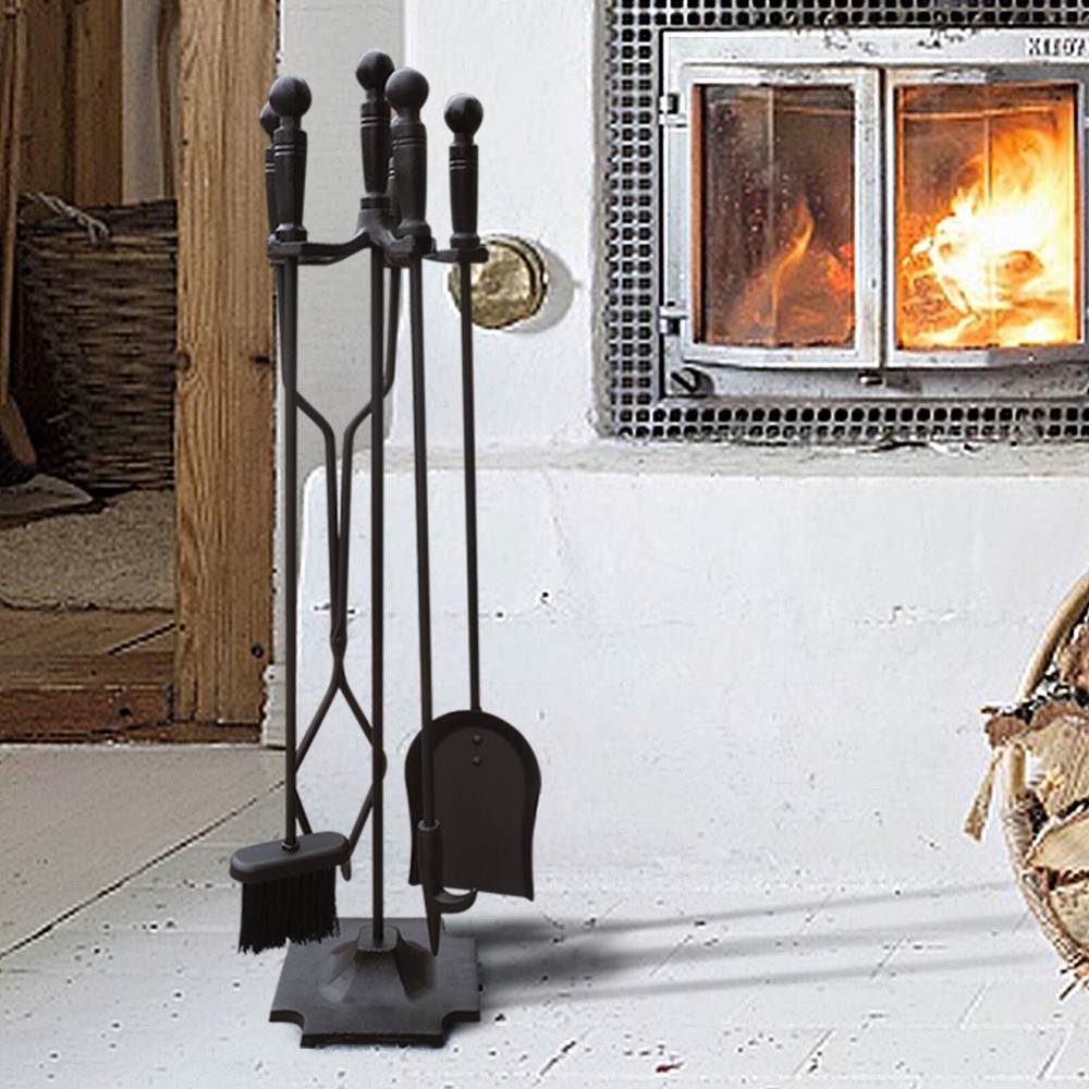 5 Pcs Iron Fireplace Tools Set in Handle Wrought Iron; Black