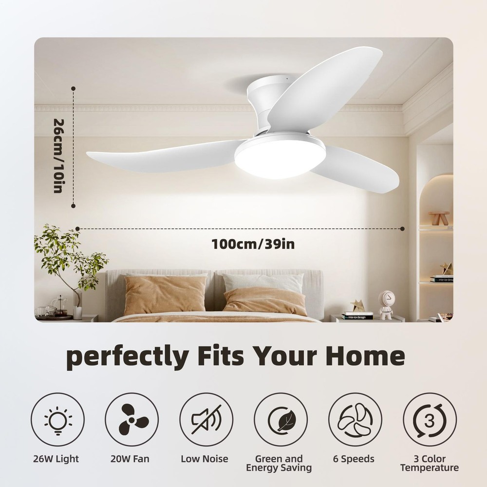 39" Ceiling Fan with Light Remote Dimmable LED DC Motor 6 Speed Reversible Timer