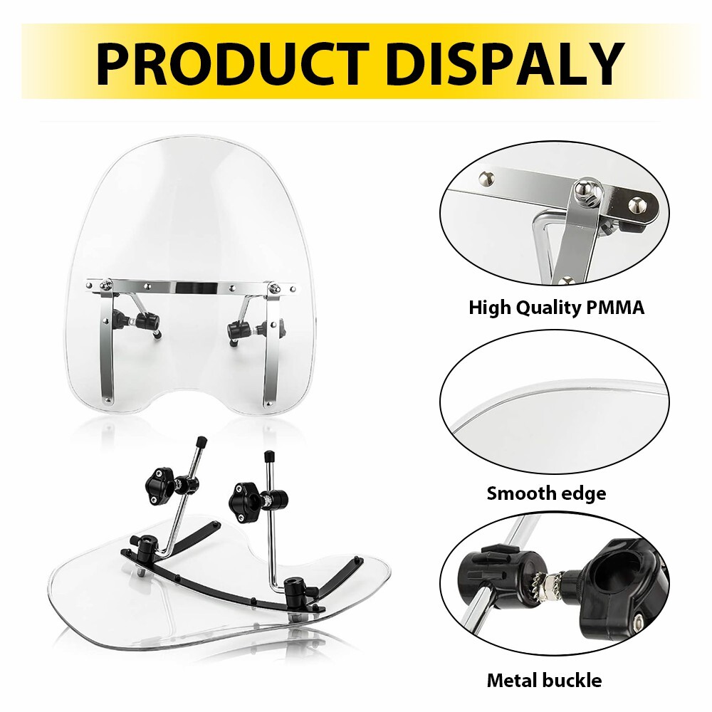 Universal Clear Motorcycle Windshield 19"x 17" For 7/8" & 1" & 1-1/4" Handlebars