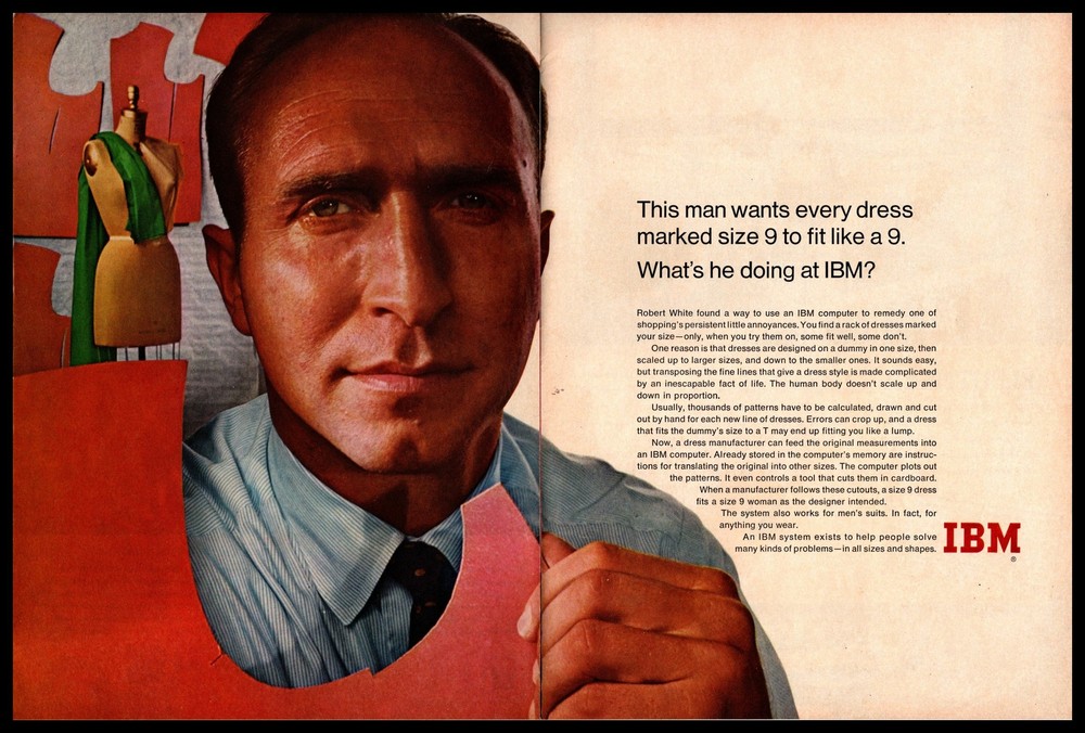 1967 IBM Engineer Robert White Solves Dress Size Problem Vintage 2-Page Print Ad
