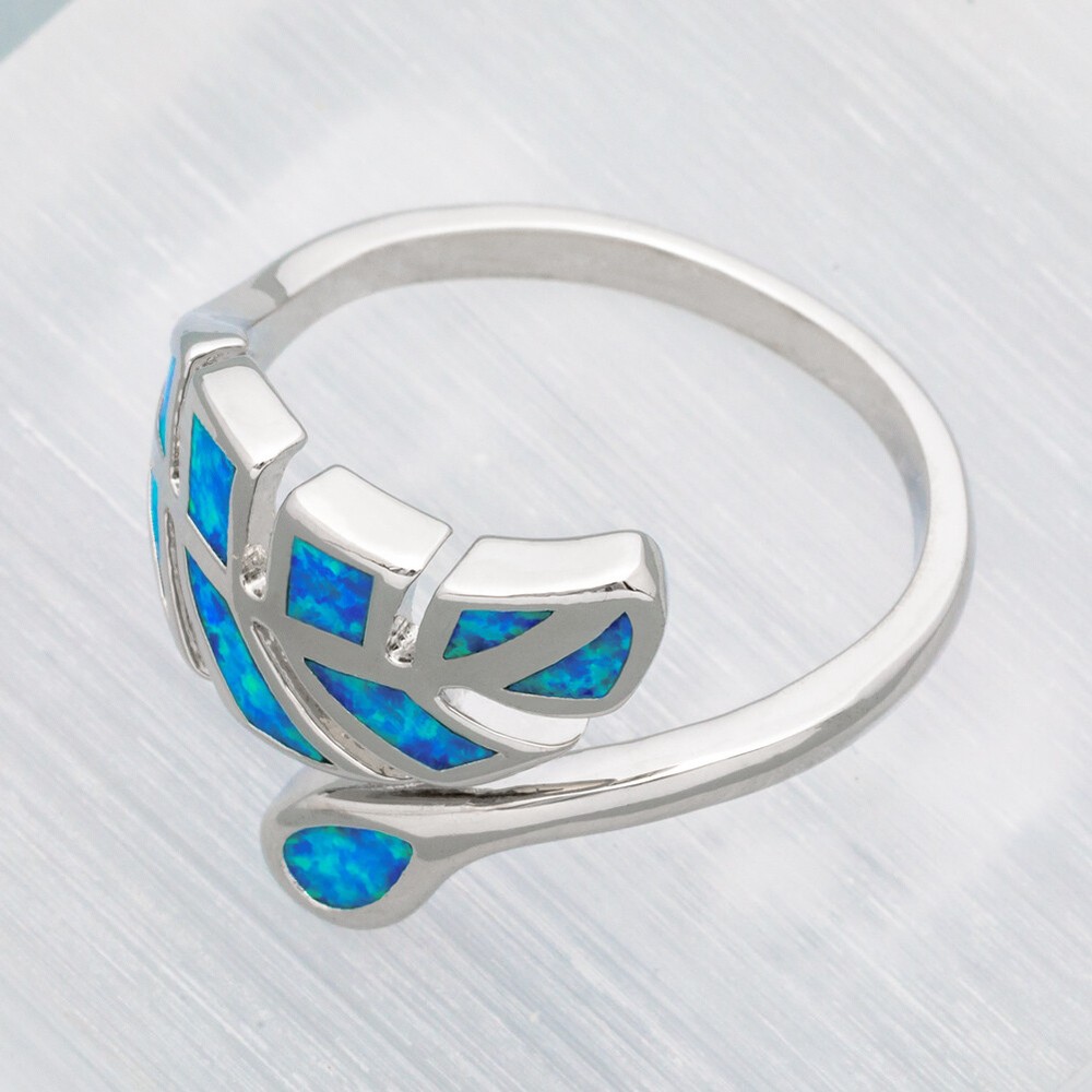 Tree Leaf Blue Fire Opal Silver Jewelry Bypass Wrap Ring Fit Size 7 8 9