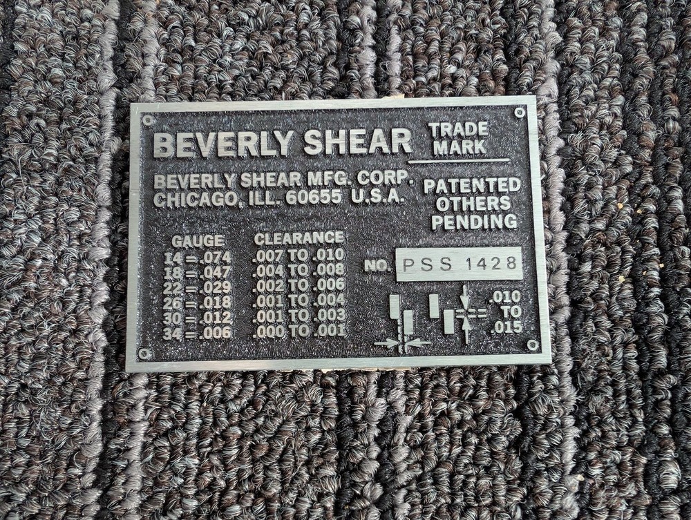 Original Beverly Shear Manufacturing Co. Rectangular Name Plate