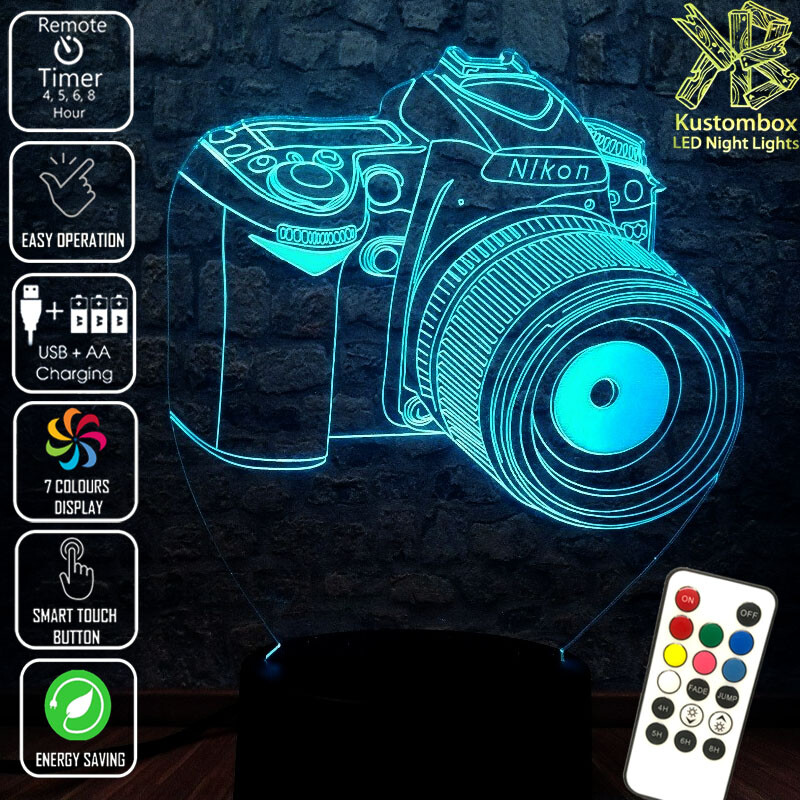 NIKON CAMERA SLR 3D LED BATTERY USB NIGHT LIGHT 7 COLOURS REMOTE CONTROL & TIMER