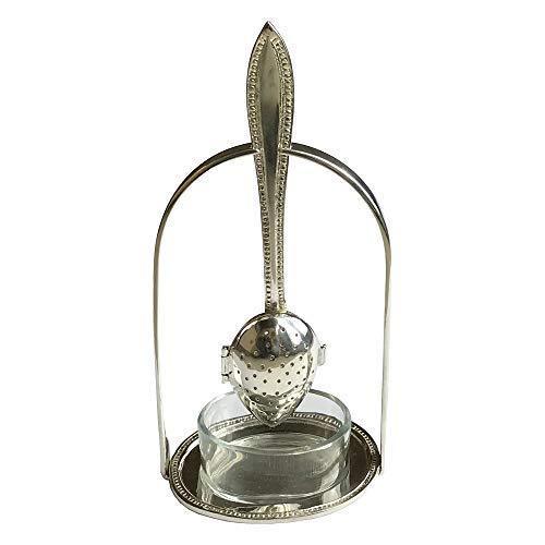 7" Silver-Plated Loose Tea Strainer Spoon and Holder with Glass Drip Cup