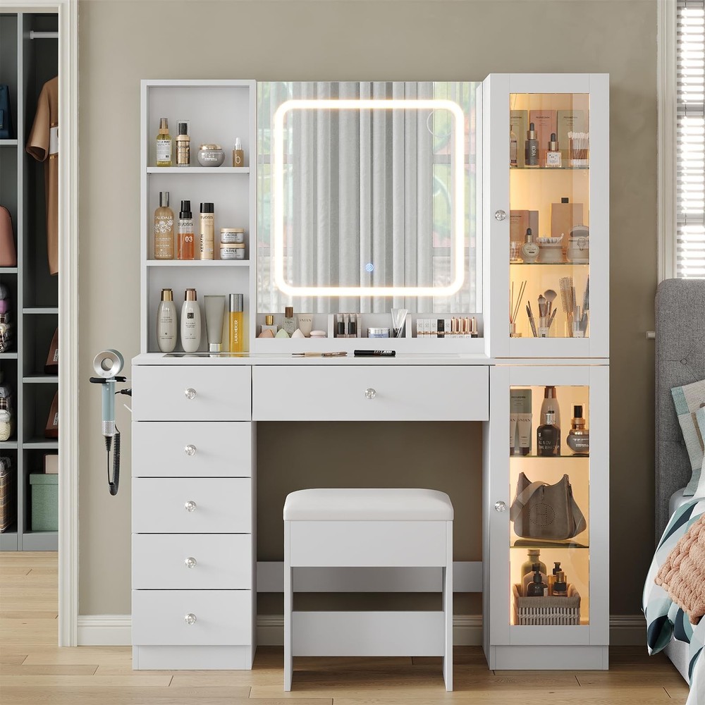 Makeup Vanity with LED Mirror Charging Station 6 Drawers