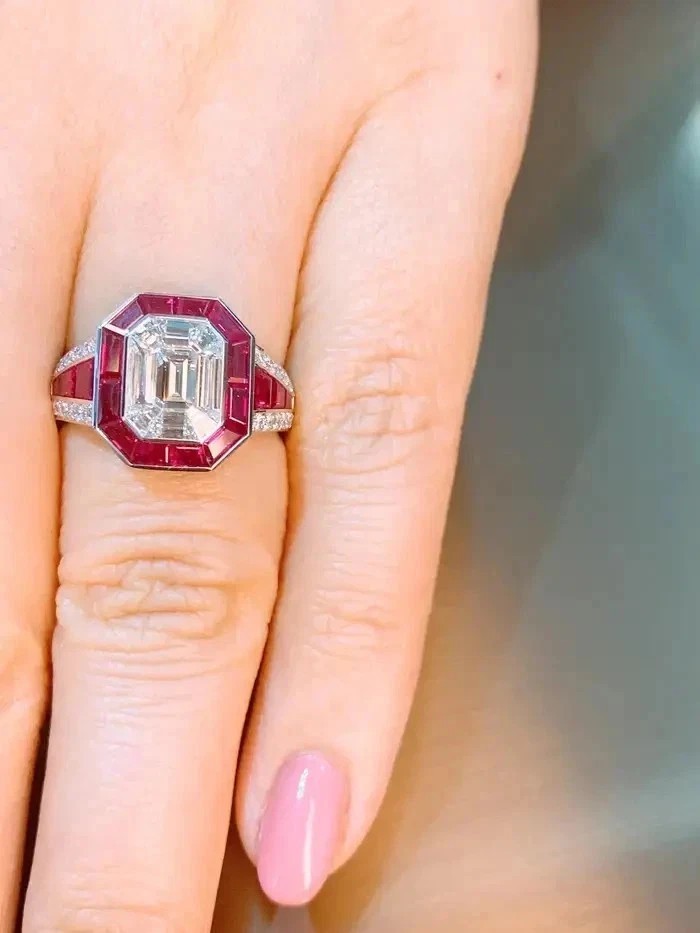 Art Deco Style Lab Created Diamond & Ruby 14K White Gold Finish Engagement Ring
