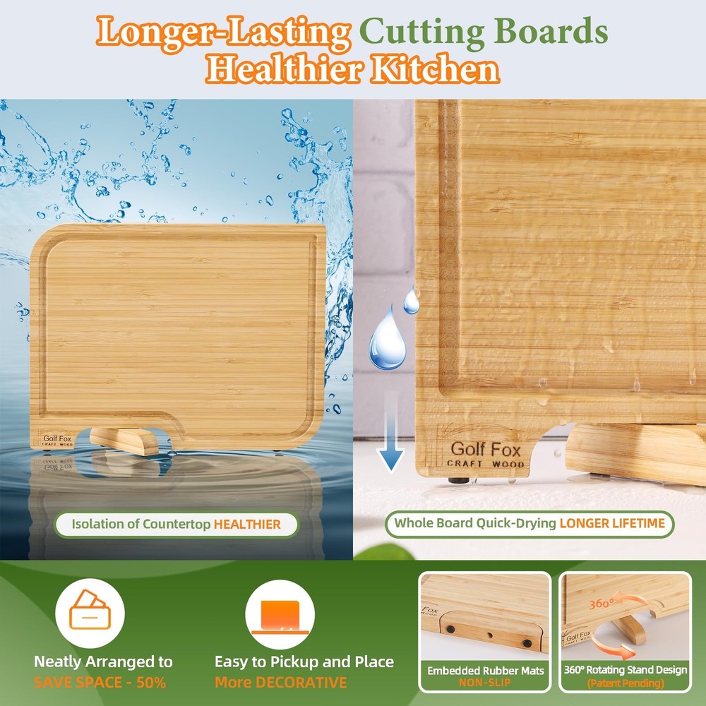 4-PCS Bamboo Cutting Board Set with Innovative Stand - Durable Double Sided W...