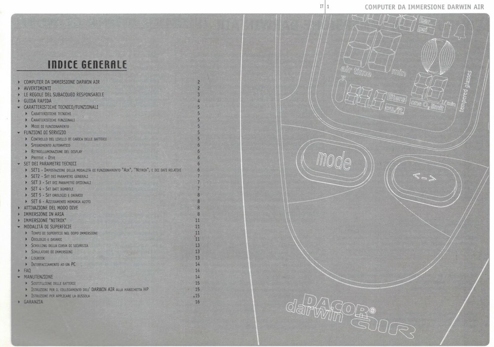 ITALIAN Version Dacor Darwin Air Scuba Dive Computer Printed Manual