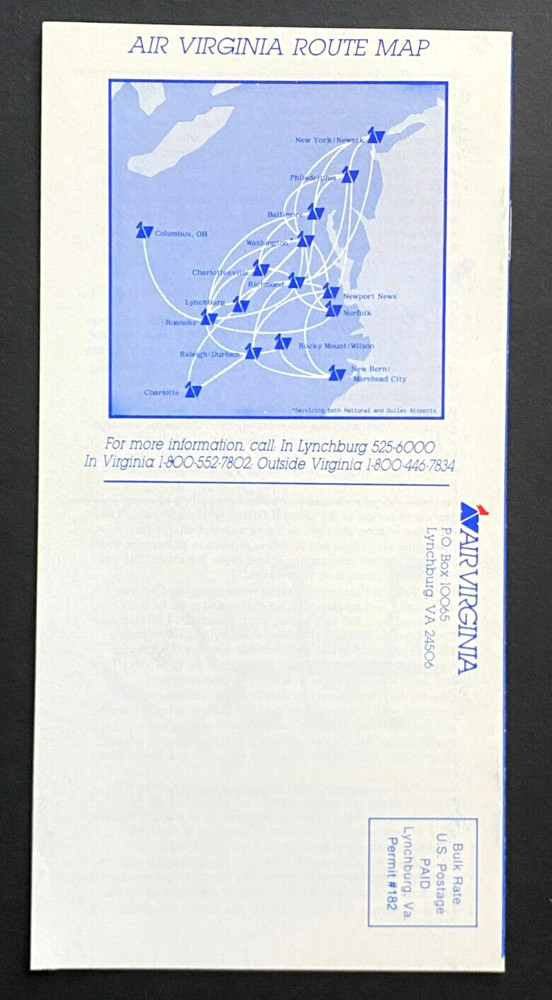 Air Virginia Timetable Effective September 16, 1984