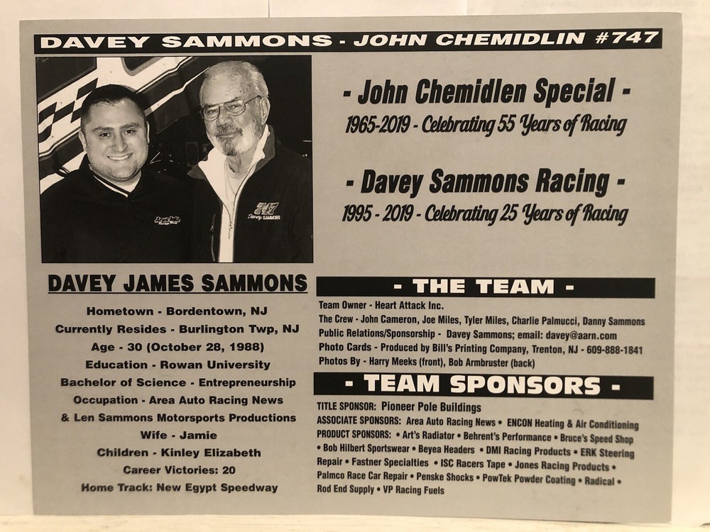 2019 DAVEY SAMMONS PPB #747 DIRT MODIFIED POSTCARD