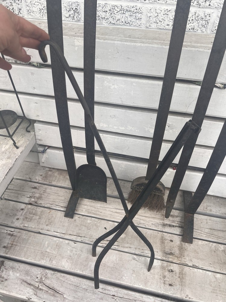 Primitive Style Distressed Iron Fireplace Tools & Rack 5pc Western Rustic