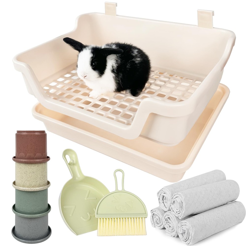 Large Rabbit Litter Box w/Plastic Grid & Dump Tray-Bunny Litter Pan Small Ani...