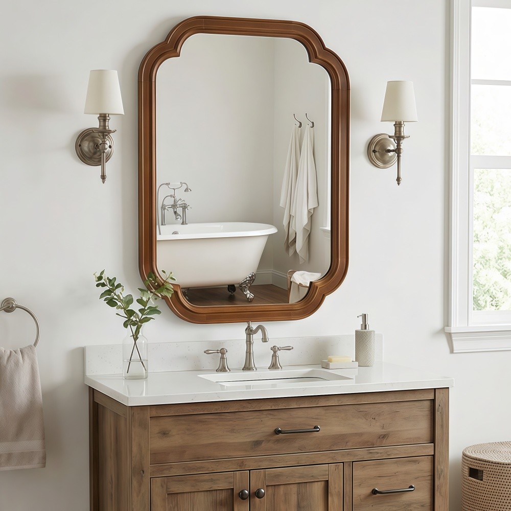 24x36 Solid Walnut Wall Mirror with Tempered Glass, Round Corner Art Deco