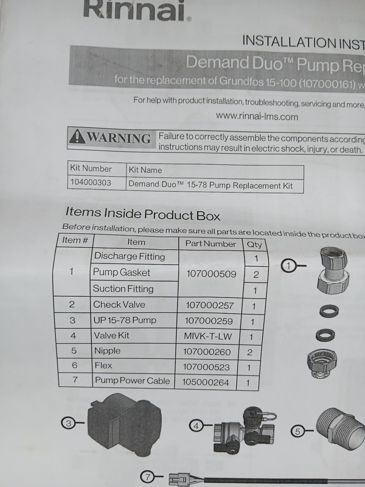 Rinnai 104000303 Demand Duo 15-78 Pump Replacement Kit *Wrong Box*