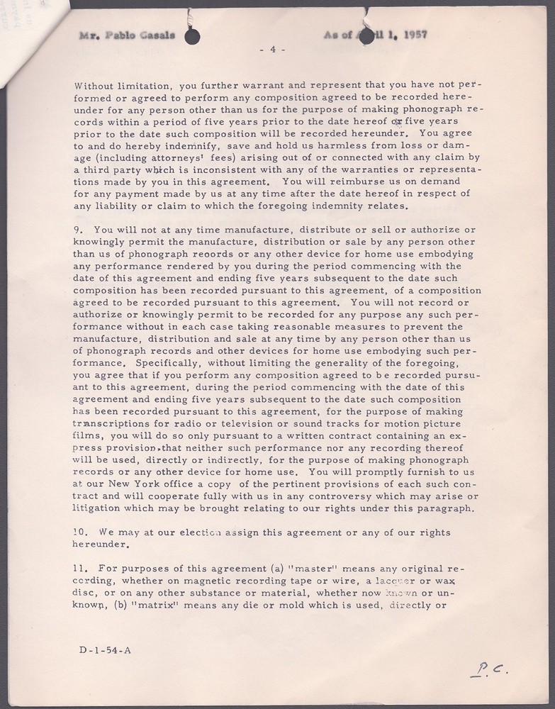 PABLO CASALS - CONTRACT MULTI-SIGNED 04/01/1957