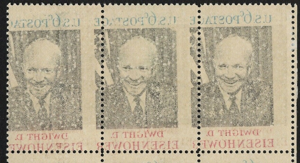 US # 1383 MINT POG NH { SCARCE Var "FULL REVERSE OFFSET ERROR BLOCK } EISENHOWER