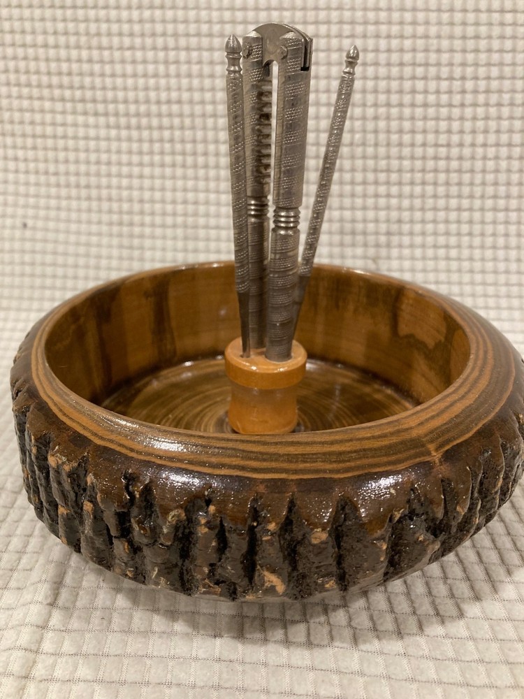 Vintage Live edge nut bowl with nut cracking tools