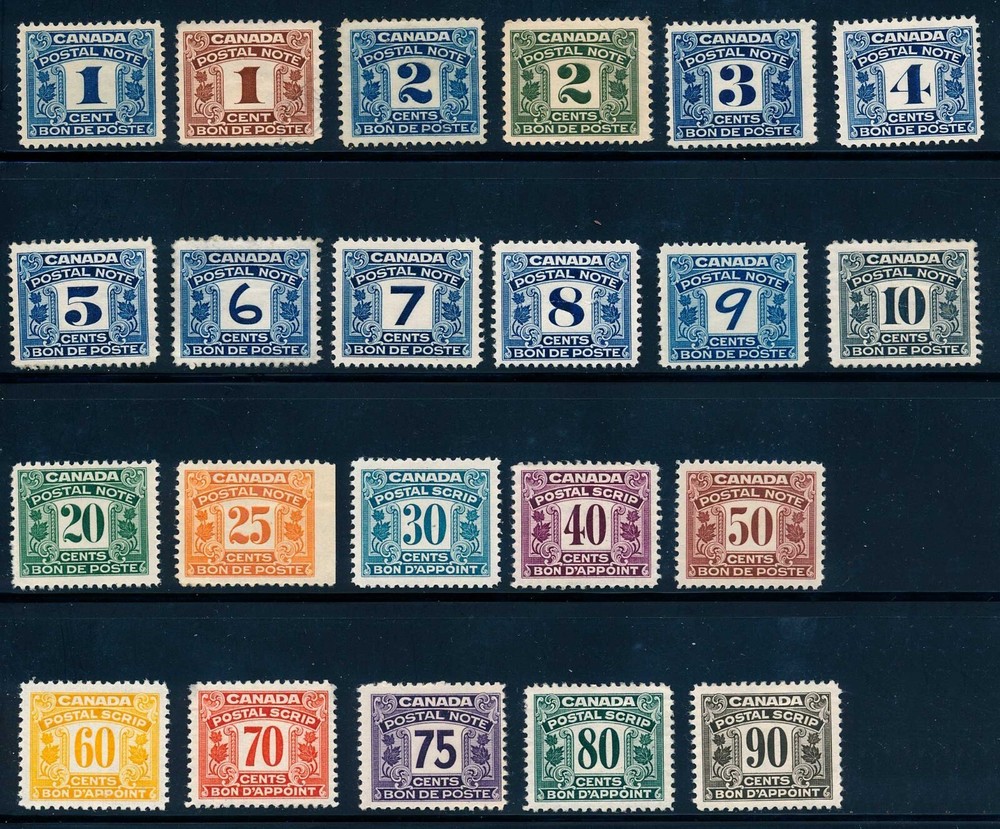 FPS1 - FPS22 Canada Postal Note - Scrip 1932 First Issue, MNH, MH, (FPS 2 used)