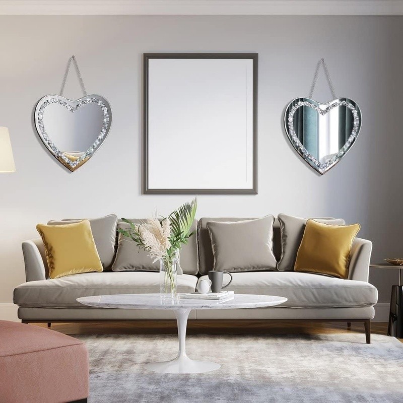 Heart Shaped Frameless Wall Mirror Crystal Bling Decor Silver Chain 2 Pack New