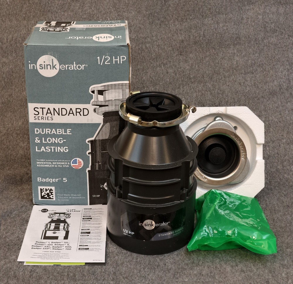 INSINKERATOR BADGER FIVE DISPOSAL, 1/2 HORSEPOWER, NEW IN BOX