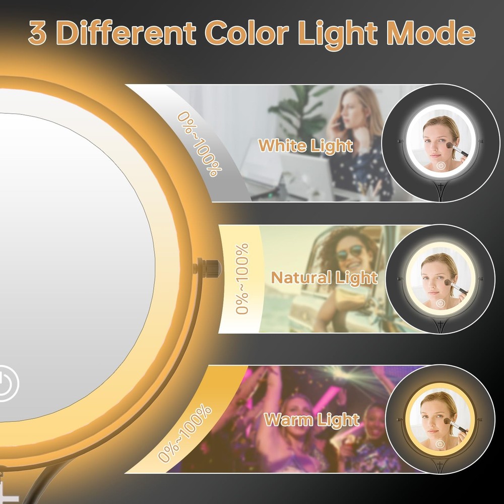 Lighted Makeup Mirror with Magnification 1x/10x Magnifying Mirror with 3 Colo
