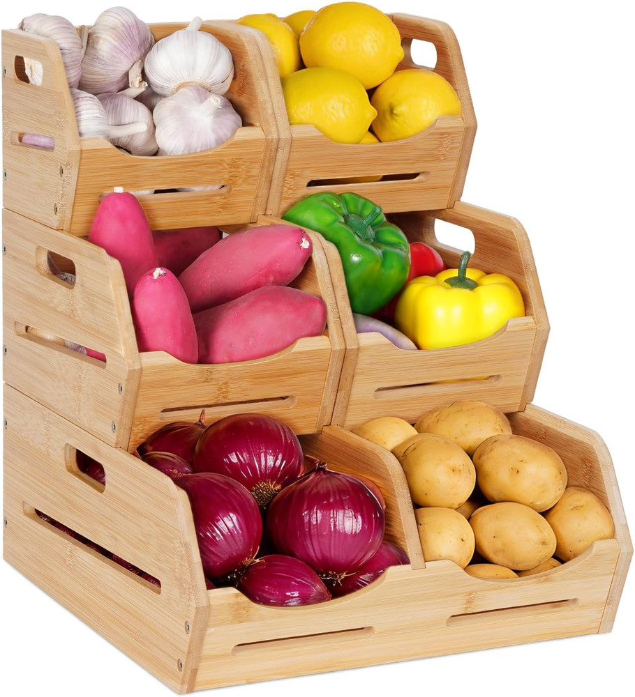 Bamboo Potato and Onion Storage Bins Pantry Organizers 3 Tier Stackable Vegetabl
