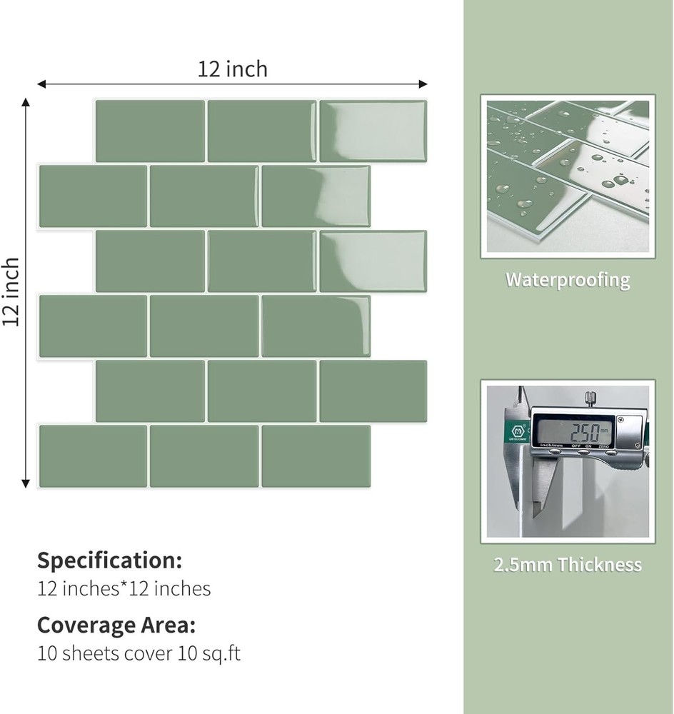 10-Sheet Thick Peel & Stick Kitchen Backsplash Tiles 3D Subway Waterproof