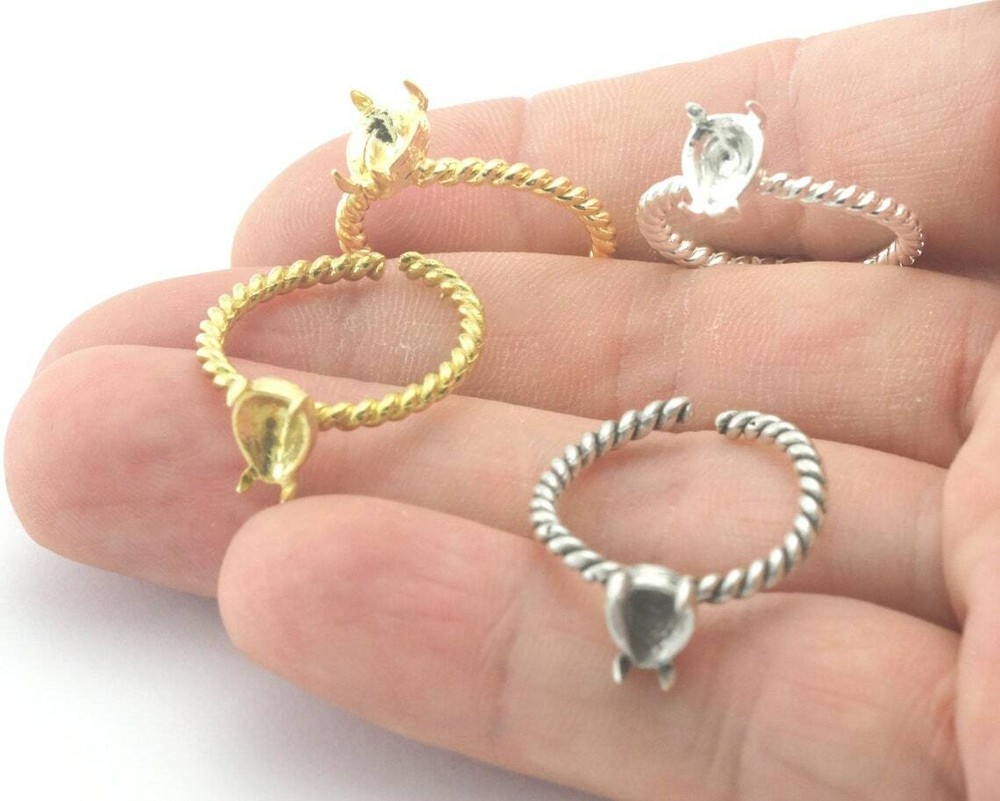 Pear Twisted Base Adjustable Ring Bezel Silver,Raw Brass,Shiny gold-silver 4399