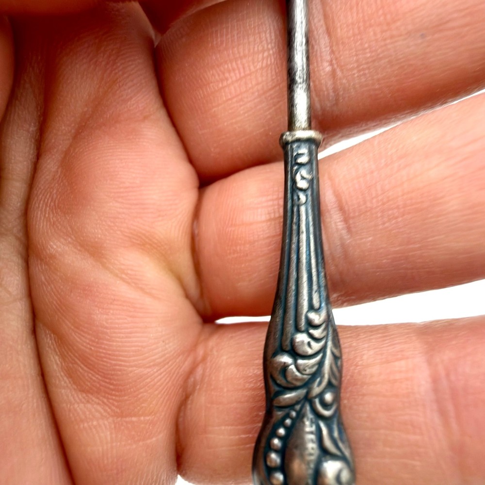 Antique Sterling Silver Button Hook Ornate Floral Scroll Handle Tool