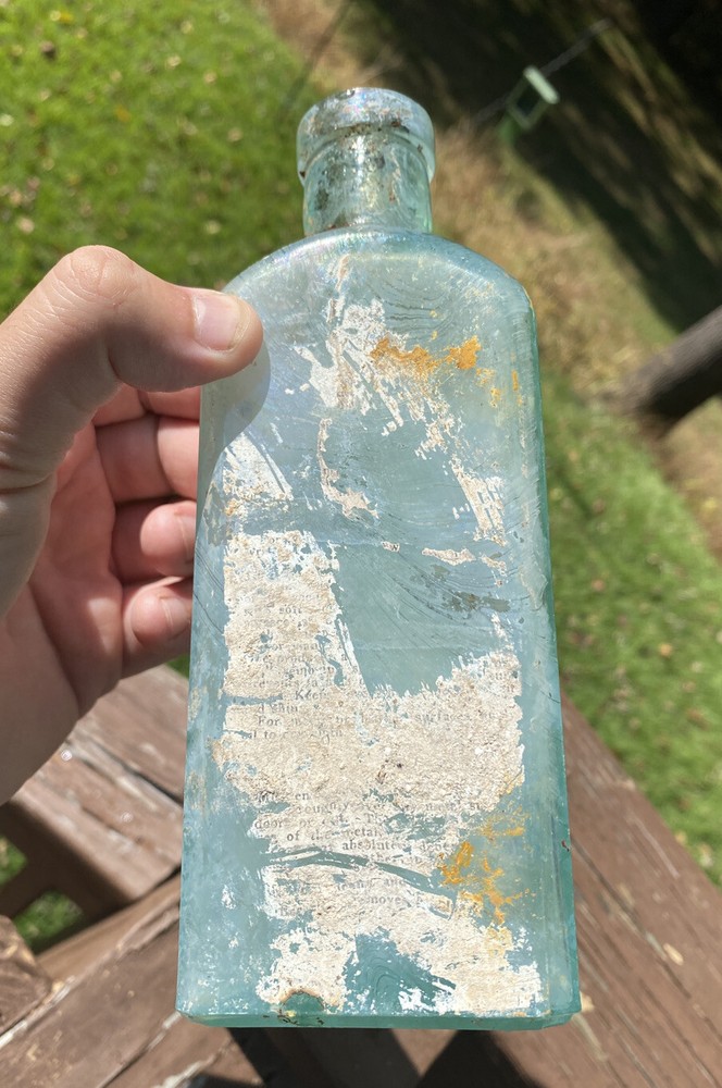 Three In One Oil Co, Blown Aqua Bottle