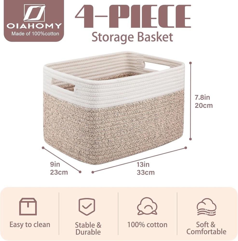 4 Pack Storage Baskets Organizing Basket Shelves W/ Handle Woven Baskets Storage