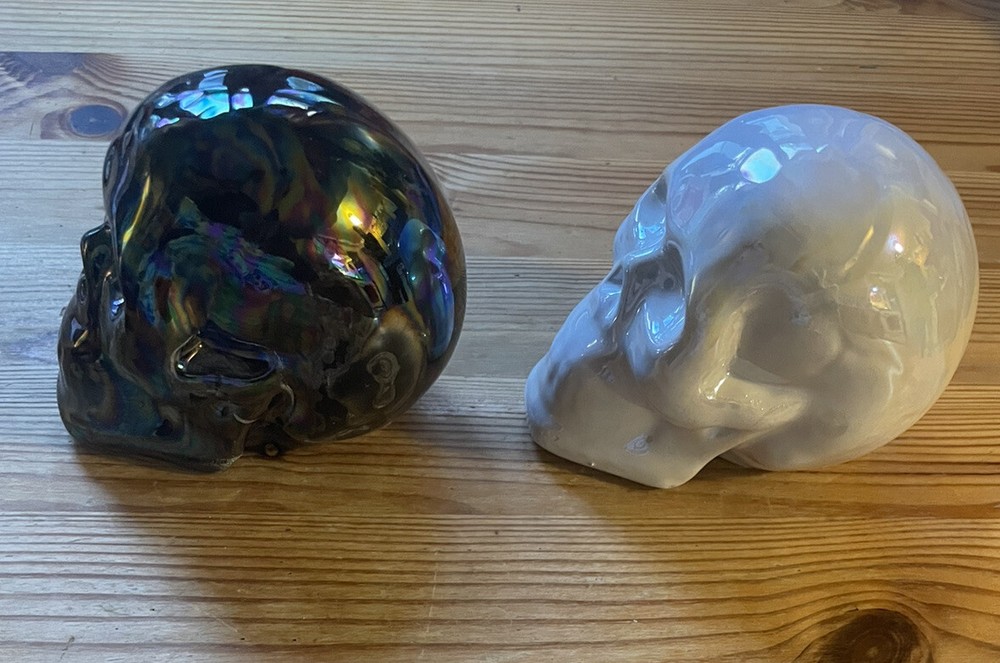 2 Halloween Skull Figures White & Black