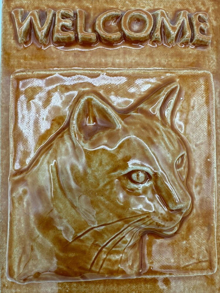 Signed Ceramic Studio Art Pottery Ginger Cat Wall Plaque Welcome Sign Tile 7”