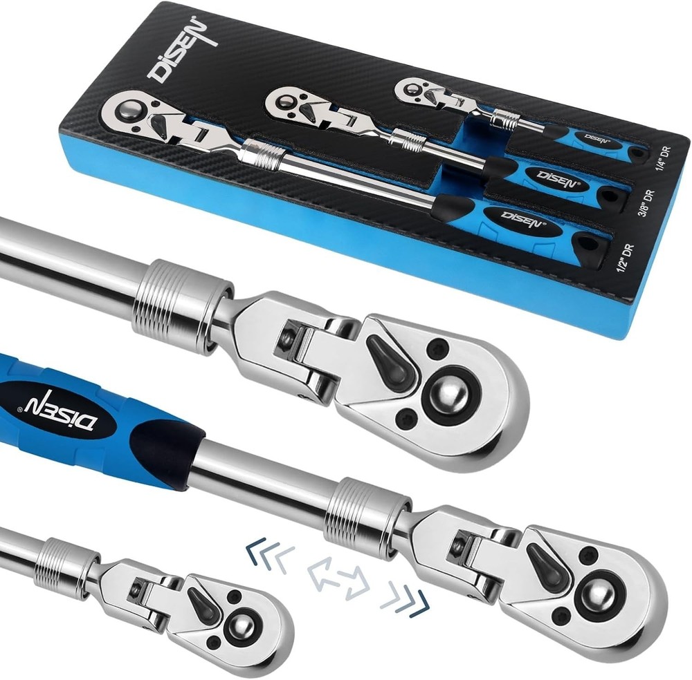 3-Piece Extendable Flex-Head Ratchet Wrench Set With EVA Storage Case, 72-Tooth