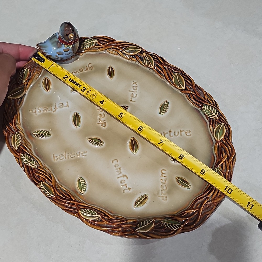 Oval Ceramic Plate 10x8 Small Bird Handle Leaf Border Words, Glossy Rustic