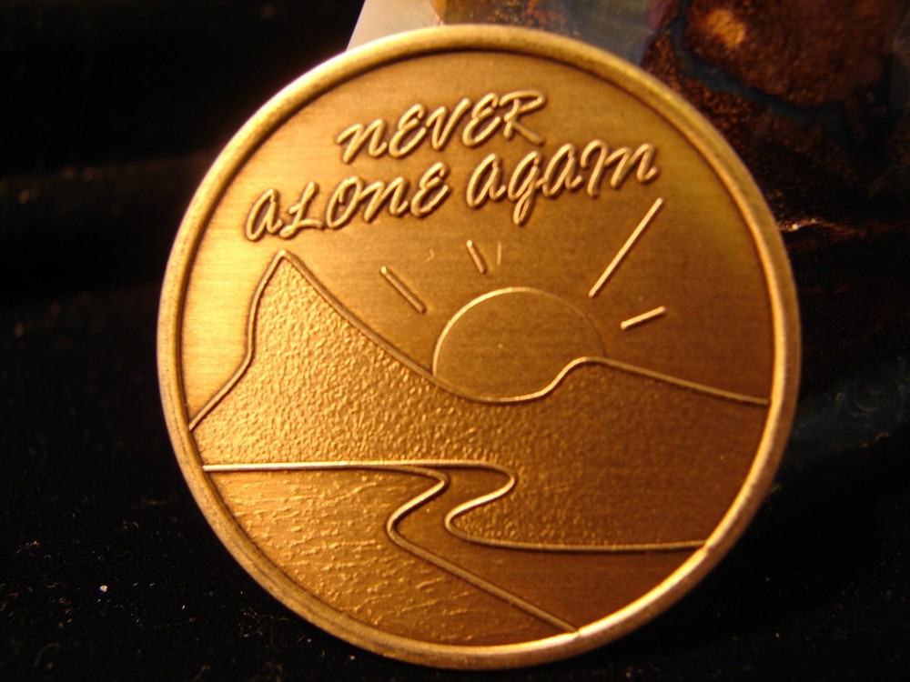 Bronze Alcoholics Anonymous AA never alone again Medallion coin Narcotics NA